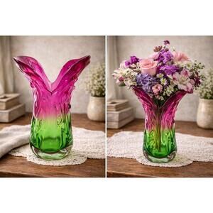 Blown Glass Cranberry/Green Color Split Ear Vase- Summerso Murano?